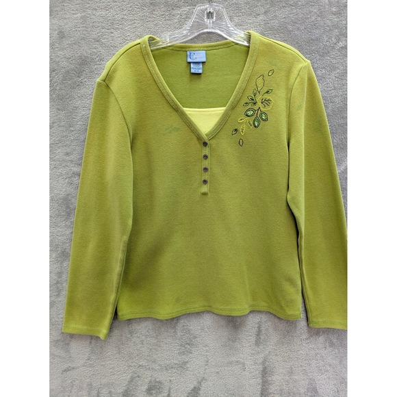 Classic Elements Tops - Minimalist Henley Pullover Womens Medium Green Vneck Floral Emboridered Casual